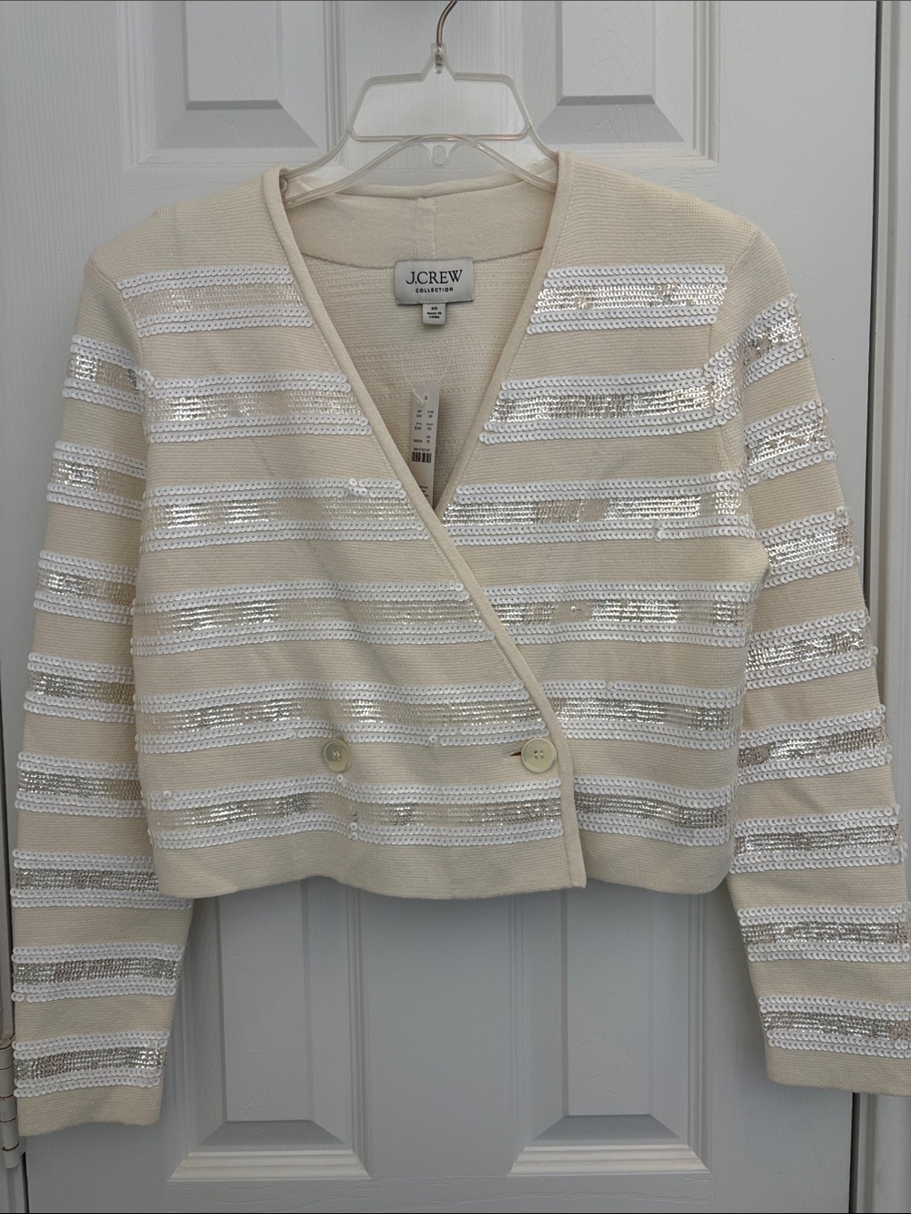 J. Crew Cream Cropped Jacket with Silver Sequin Stripes